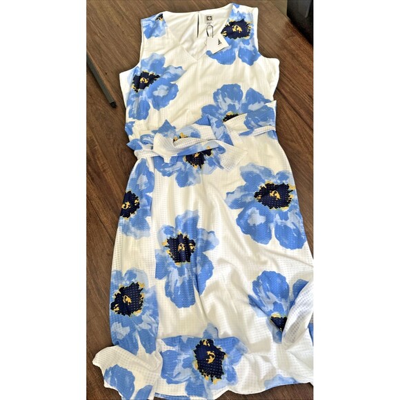 Anne Klein Women's  Floral Print Sleeveless Belted Midi Dress White Blue XL - Picture 2 of 6